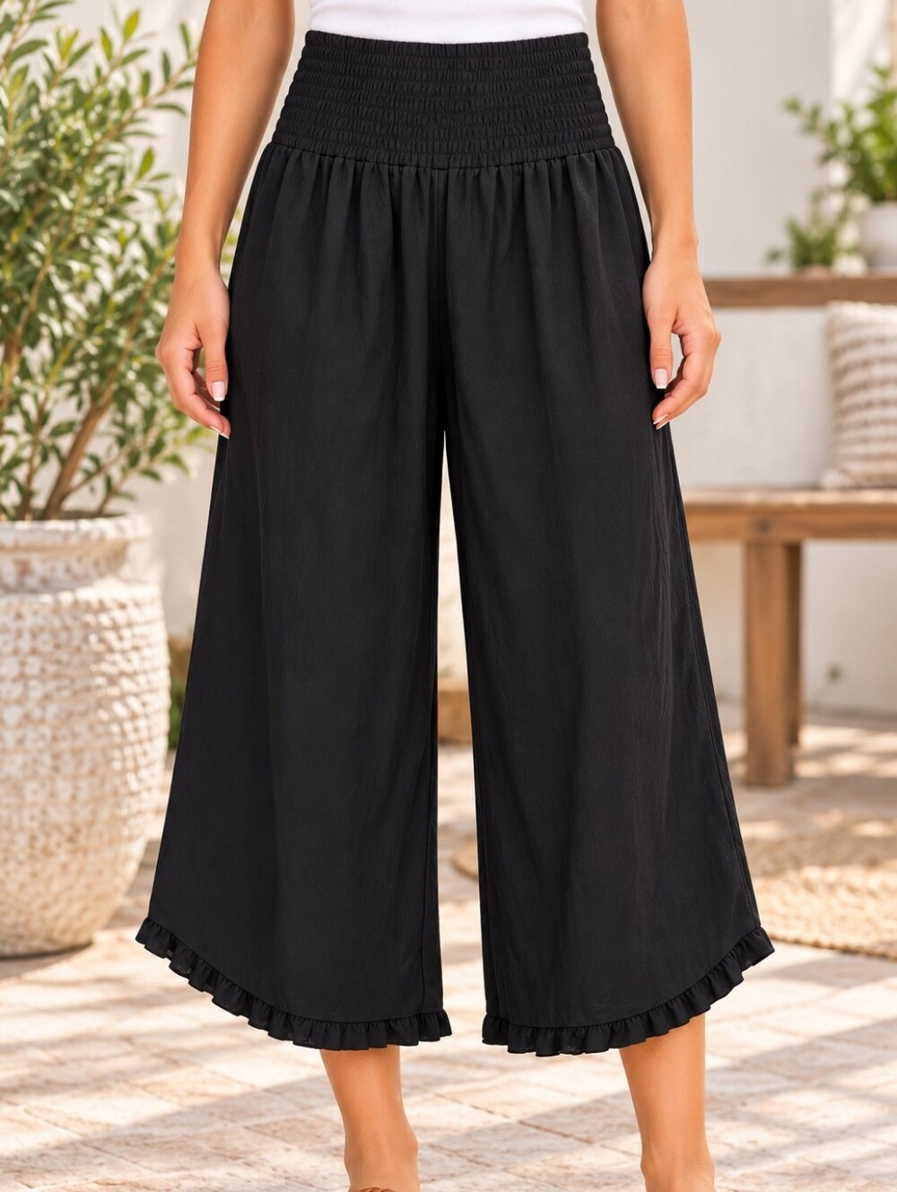 Women's Black Wide-Leg Ruffle Hem Pants